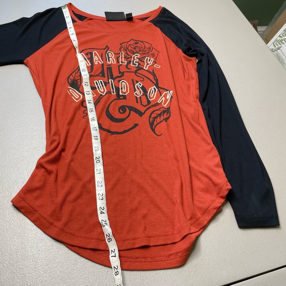 Harley-Davidson Ribbed Knit Long Sleeve Top Roses Spell Out Logo Orange Black‎ M - Picture 8 of 9